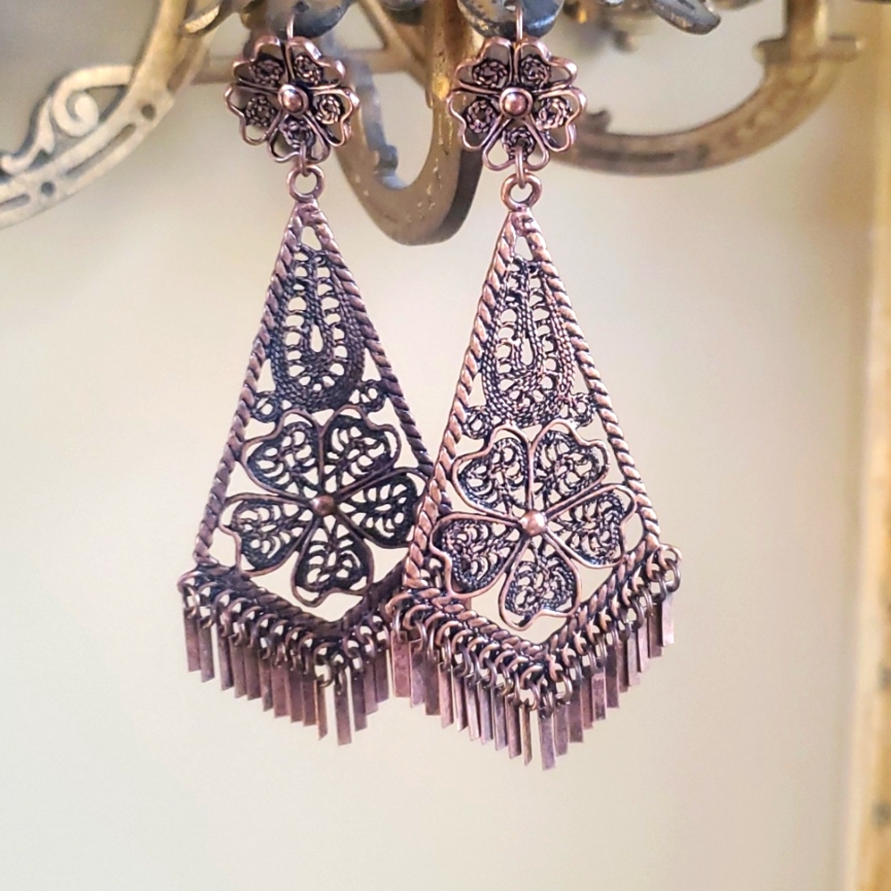 Vintage Copper Tone Boho Flower Earrings